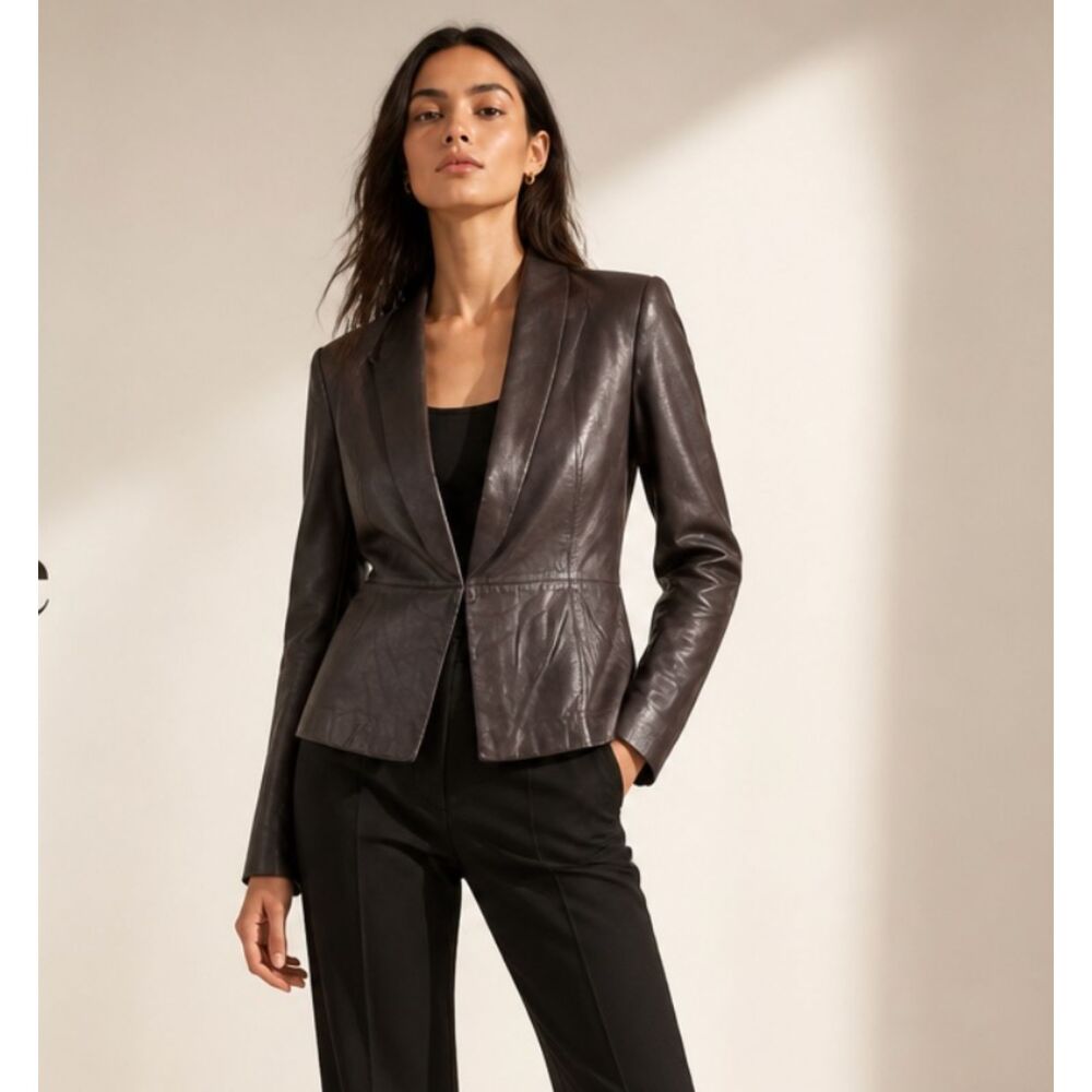 Halston Heritage Leather Blazer Jacket Brown Rib Knit Back Women's 2